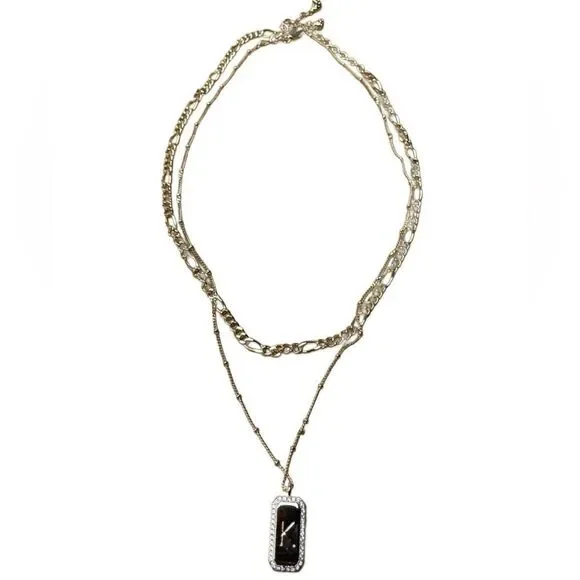Gold Initial 'K' Pendant Double Necklace w/Faux Diamonds Costume Jewelry - Picture 7 of 14